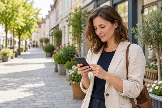 Kundin sucht unterwegs auf ihrem Smartphone nach einem lokalen Angebot