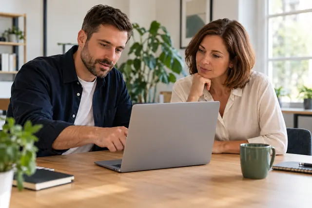 Ein persönliches Beratungsgespräch: Gemeinsam wird der Website-Entwurf am Laptop besprochen