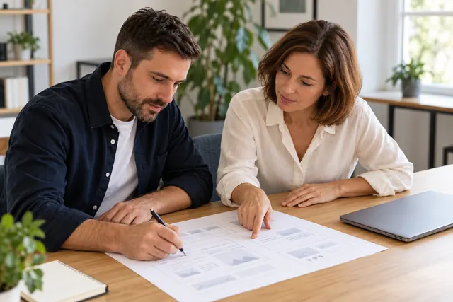 Ansprechpartner und Kundin planen gemeinsam am Papierentwurf